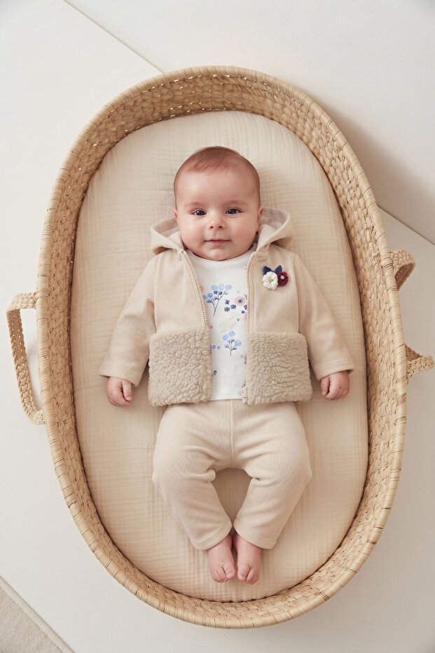 Seasonal Corduroy Coat with Floral Collar Accessories, 3-Piece Set: Coat, Bottom, and Top