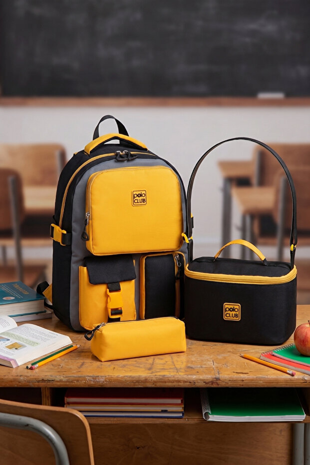 Hkn 9013 Set of 3 Children's Elementary School Backpacks, School Bags, Multi-Compartment Orthopedic Back Packs, Mustard