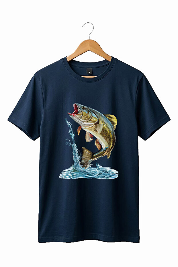 Fishing Hunting Fish Printed 100% Cotton Premium Navy Blue T-Shirt