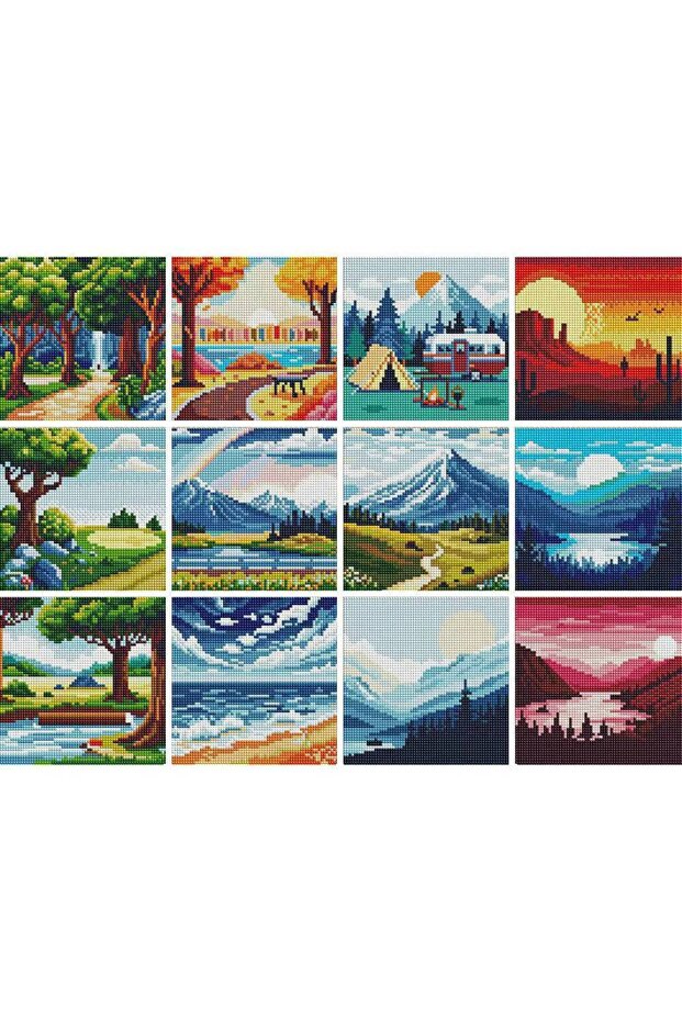 CC-063 AZQSD 12pcs Diamond Painting Sunset Landscape Square Diamond Mosaic Seaside Mini Handmade Ho