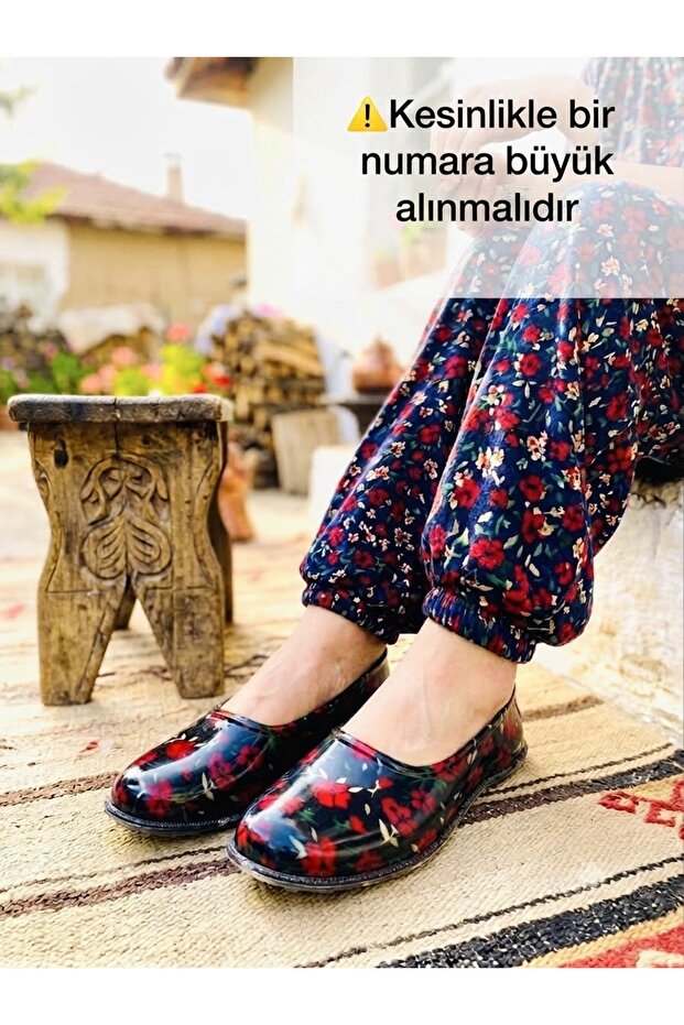 Red Rubber Shoes with Flower Design