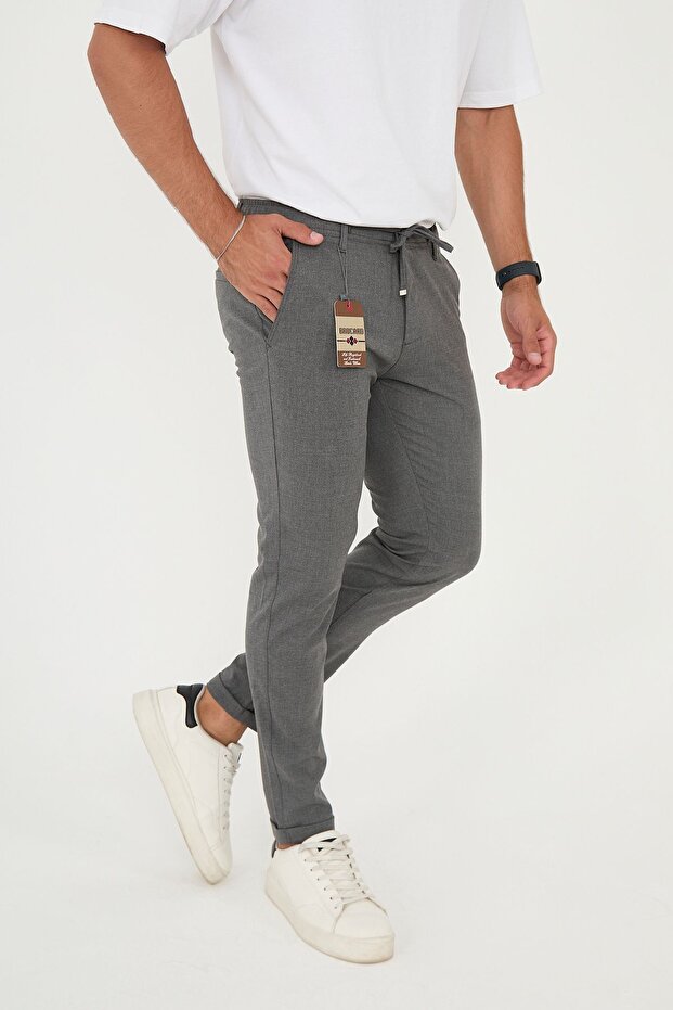 Men's Jogger Slimfit Waist Half Elastic Double Leg Dark Gray Fabric Trousers