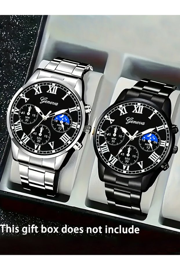 2pcs 2pcs Fashionable Men's Steel Band Watch Geneva Casual Business Quartz Watch Stylish Timepiece