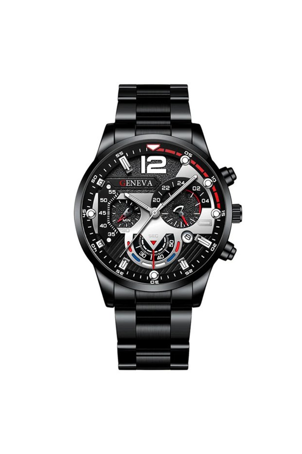 5-Black-Silver GENEVA Men's Creative Six-Pin Watch Alloy Steel Band Quartz Watch Men Watch New Luxu