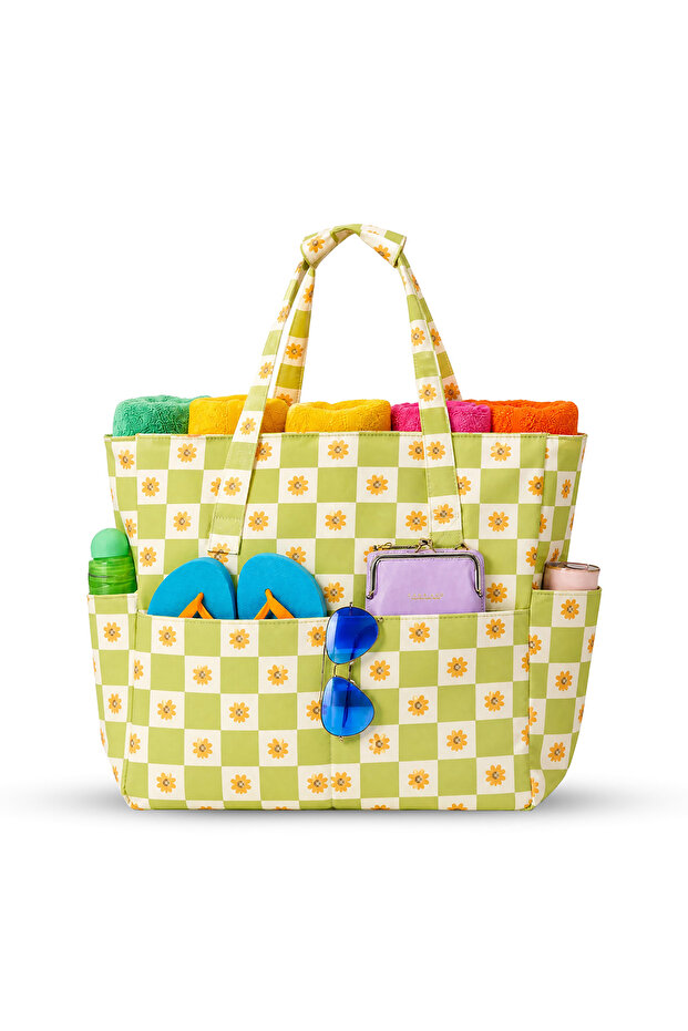 2 Years Warranty - Large Size Floral Pattern Women's Beach Bag with Multiple Compartments - Waterproof Zippered Beach Bag