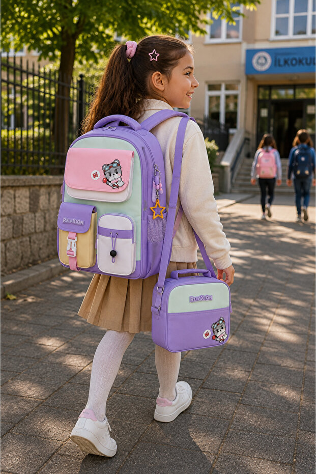 Cool School Bag Set of 3 Purple Backpack Lunch Bag Pen Holder Set Orthopedic Student