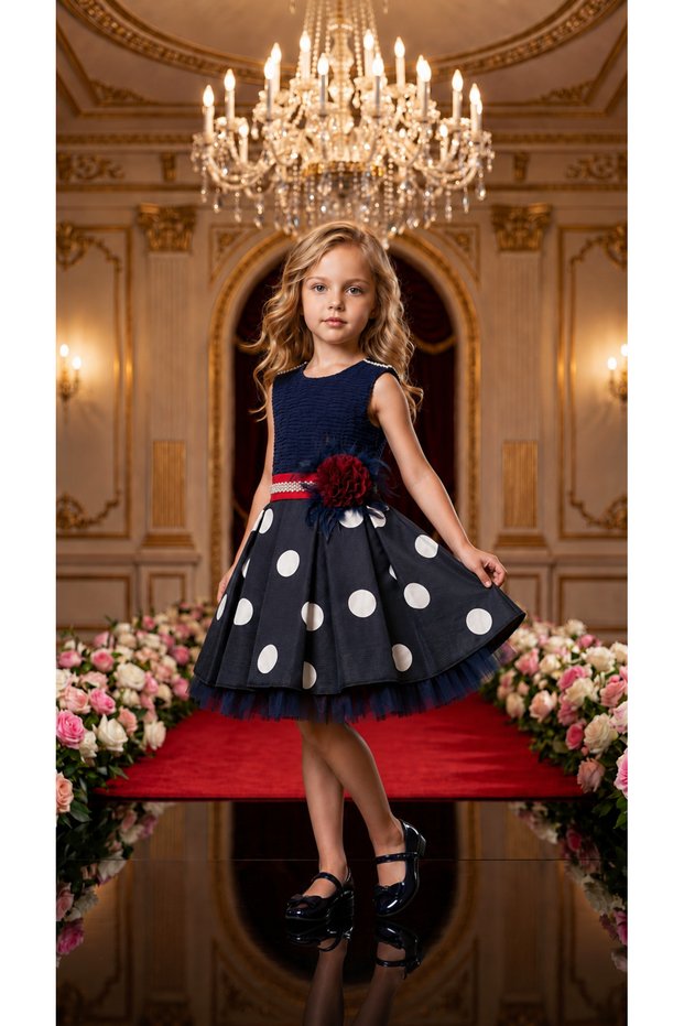 Girl's Jacquard Fabric Beaded Shoulder and Waist Detail Polka Dot Evening Dress 1-5 Years Old Birthday, Wedding, Special Occasion