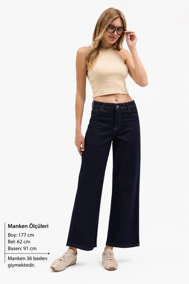 Uca Jeans Women's Dark Navy Blue Wide Leg High Waist Loose Leg Jeans