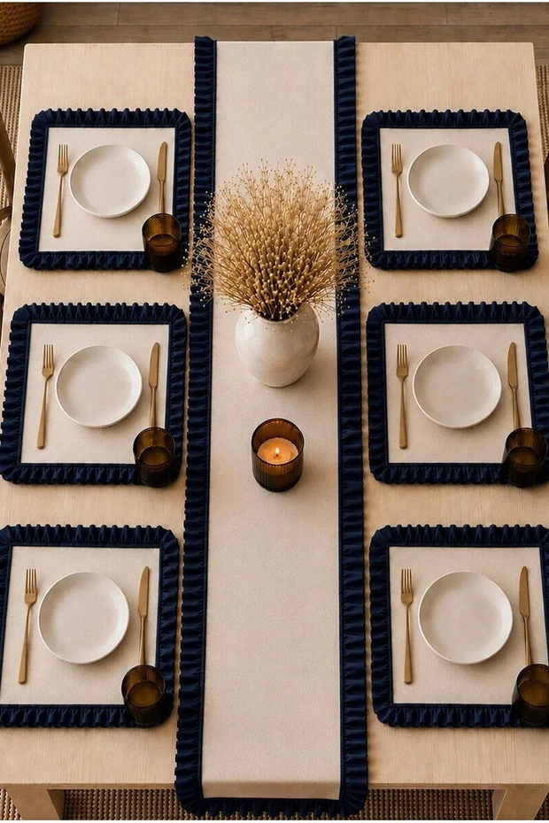 Navy Blue Ruffled Runner 40 × 110 cm – Plain Beige Decorative Tablecloth Stylish Table Runner