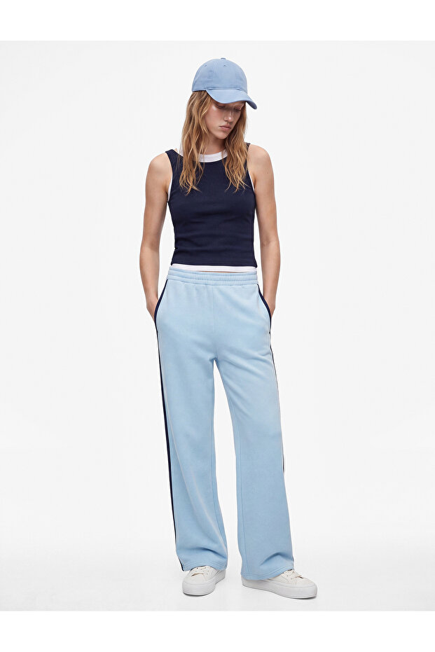 Striped Detailed Elastic Waist Three-Thread Ribbed Wide-Leg Sweatpants