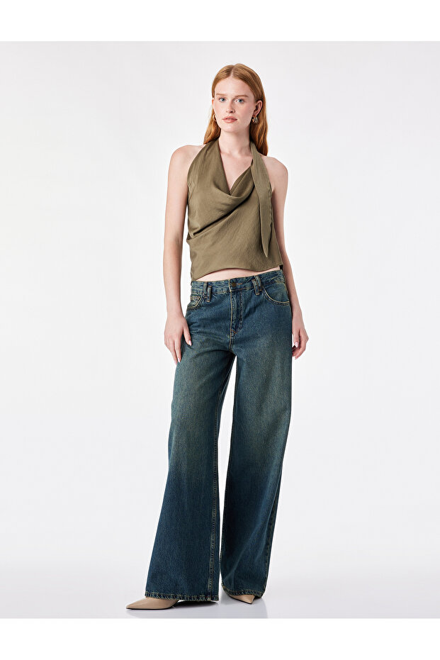 Aerobin Fabric Sleeveless Shawl Detailed Flowy Halter Neck Satin Blouse