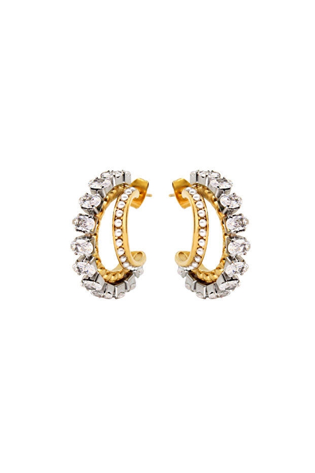 White Pearl Shiny Bling White Zirconia Stainless Steel Ear Stud Luxury Irregular C Shape Hoop Earrin