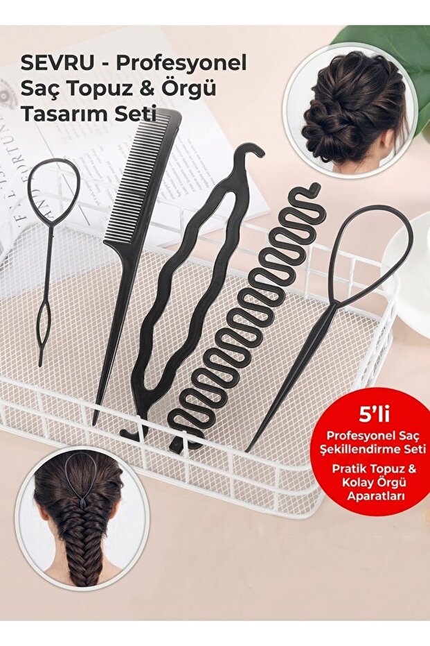 Hair Bun Clip Set—Assorted Black Hair Braiding 5-Piece Set