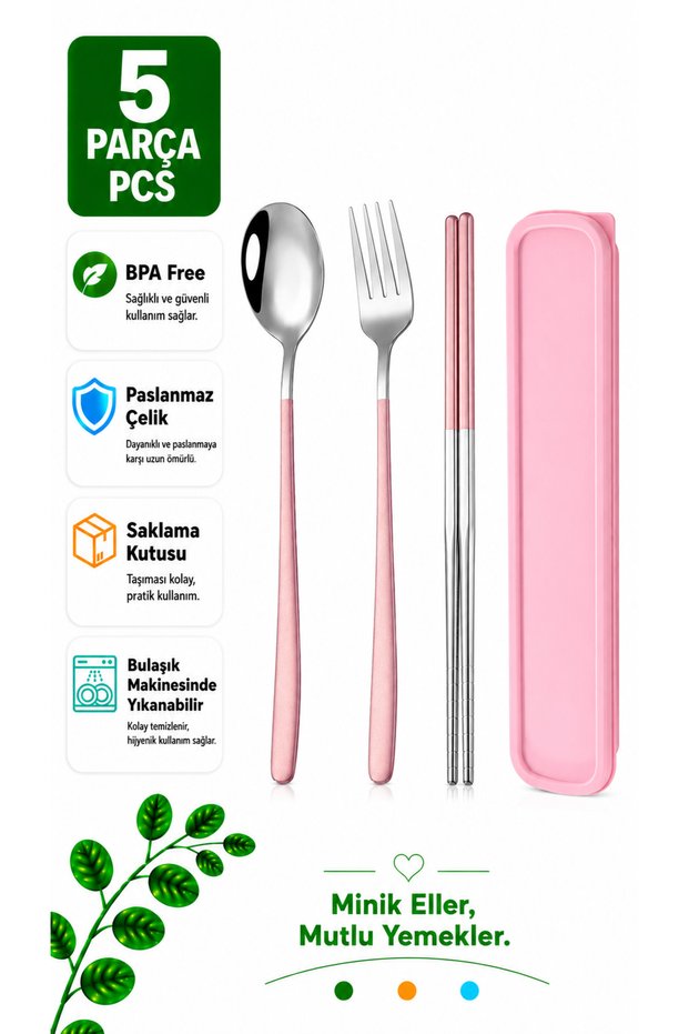 Pink Color Premium Kids Stainless Steel Fork-Spoon and Chopstick Set, 5 Pieces (24+ Months)