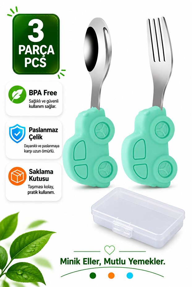 Light Green Premium Children's Bpa Free Silicone Handle Stainless Steel Tip Fork-Spoon, (9+ Months)