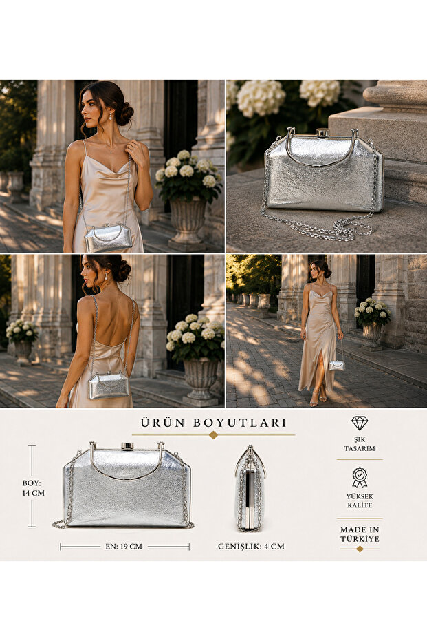 Silver Color Skin Fabric Evening Dress Clutch Chain Strap Handheld Wedding Engagement Evening Bag