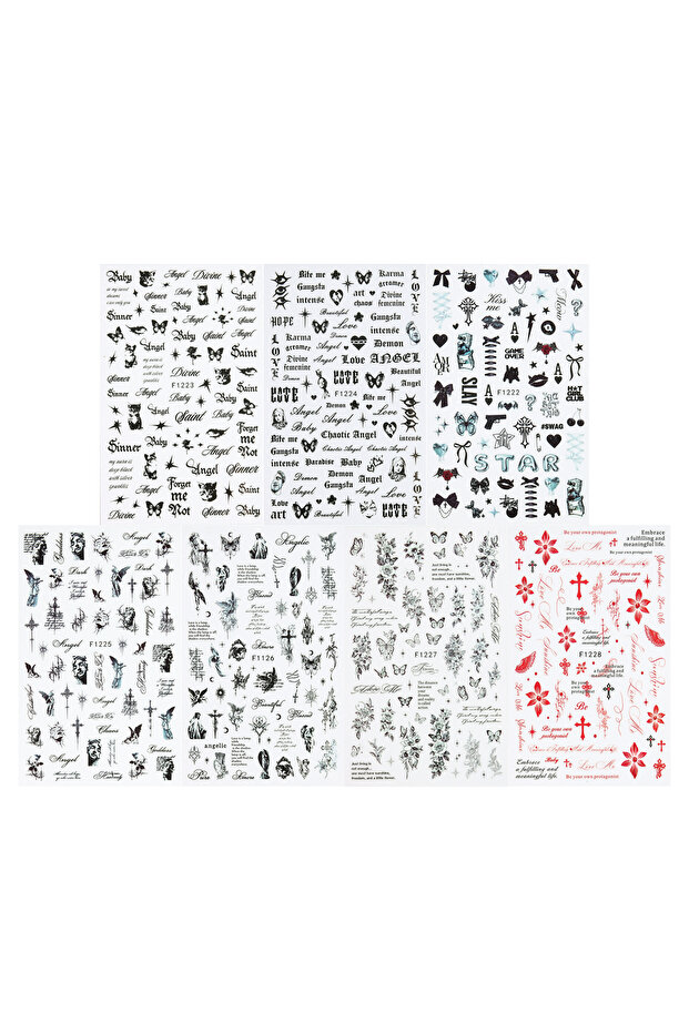 F1223-F1228 Gothic Style Nail Stickers, Letter, Butterfly, and Cross Pattern Nail Decals, Self-Adhes