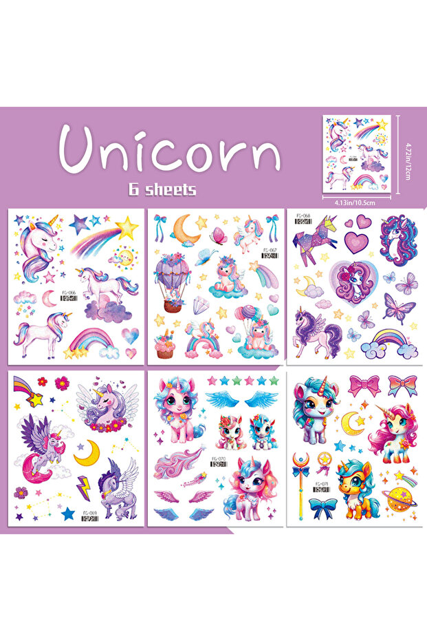 Unicorn-6 Sheets 6 Sheets Glitter Unicorn Temporary Tattoos,Bling-Bling Shiny Rainbow Unicorn Sticke