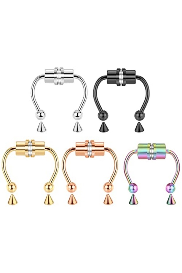 A1-5Pcs-5 Colors 1/2/3/4/5Pcs Fake Magnetic Nose Rings, Faux Piercing Nose Rings Non Piercing Septum