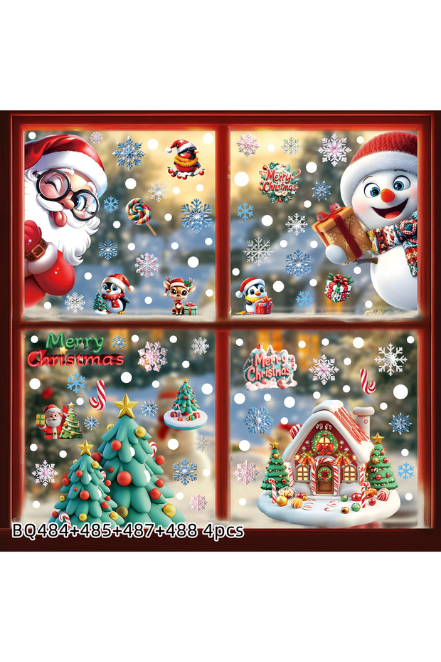 XH 4PCS 2025 Christmas Static Window Clings - Gingerbread Man Snowman Snowflake & Santa Claus Decals