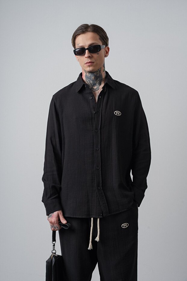 Men's R Embroidered Long Sleeve Muslin Oversized Shirt Black