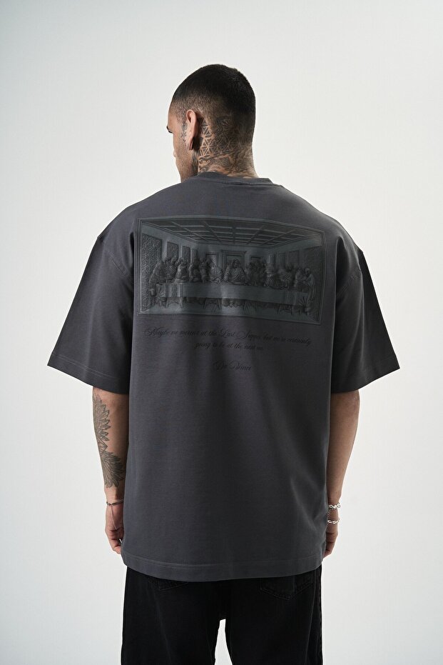 Men's Printed Oversized Da Vinci T-Shirt Smoke
