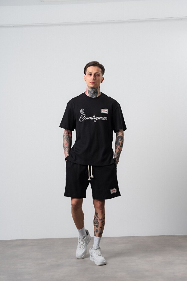 Men's Countryman Embroidered Regular Fit T-Shirt Shorts Set Black