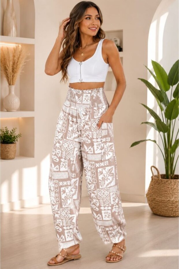 Women's Ethnic Pattern Single Jersey Trousers with Cargo Pocket Detail