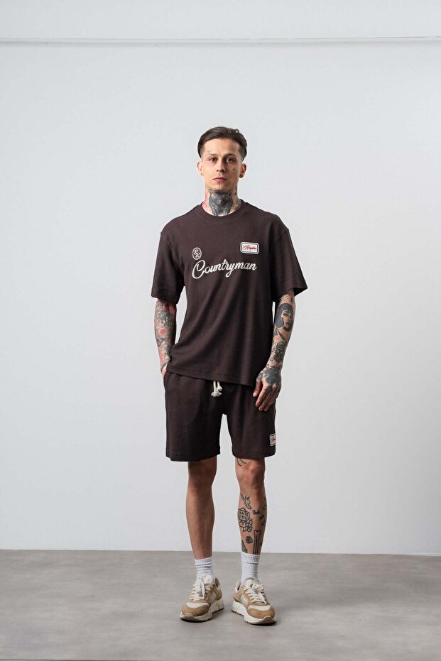 Men's Countryman Embroidered Regular Fit T-Shirt Shorts Set Coffee