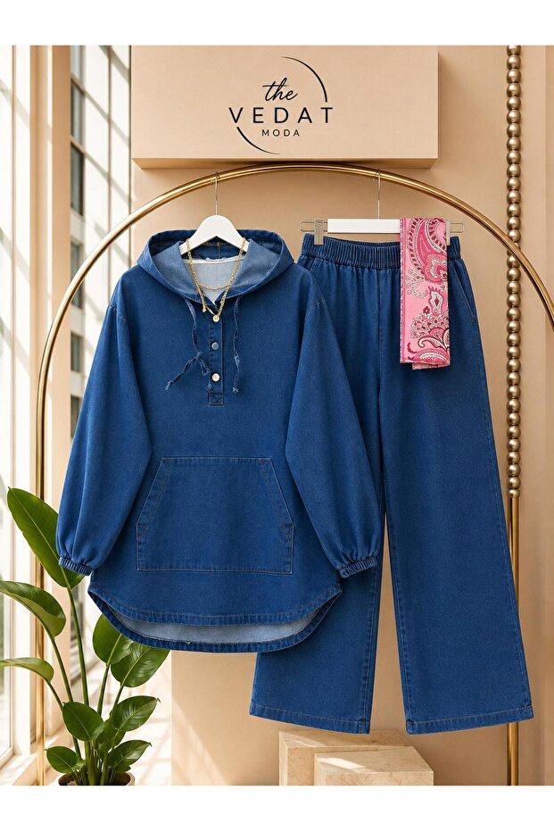 Women's Hooded Pocket Denim Set -0750