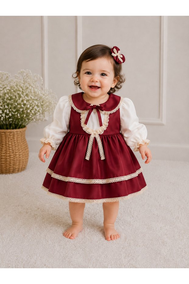 Vintage Lace Detailed Burgundy Dress