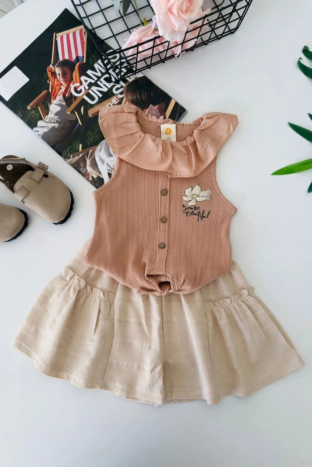 My Little One's Lily Flower Embroidered Summer Girl's Shorts Set - Brown
