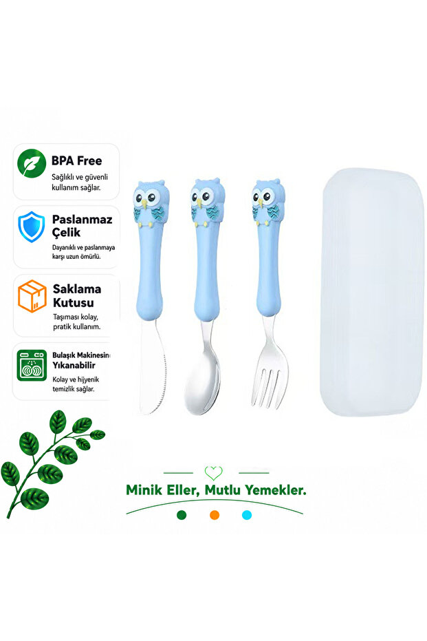 Blue-Owl Figured Premium Children's Bpa Free Stainless Steel Fork-Spoon-Knife Set 12+ Months