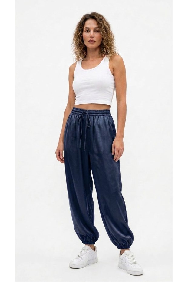 Women's Shalwar Cut Satin Trousers with Elastic Cords at the Legs and Waist