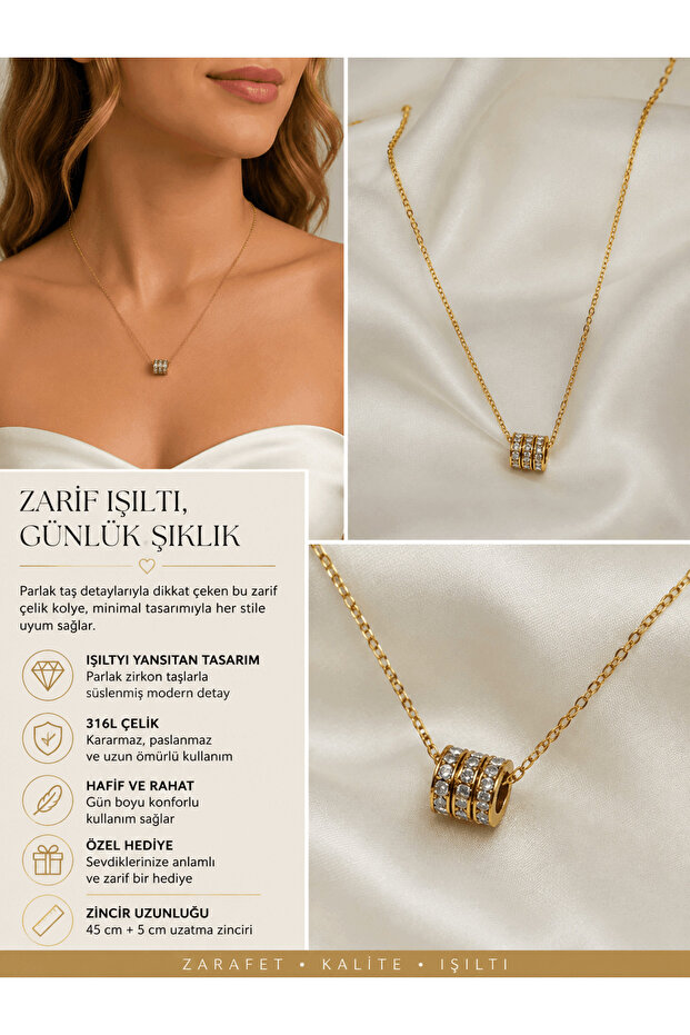 Zirkon Taşlı Üç Silindirli Çelik Kolye