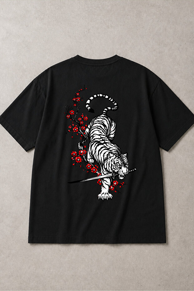 Japanese Tiger Back Print Black Unisex Oversize T-Shirt