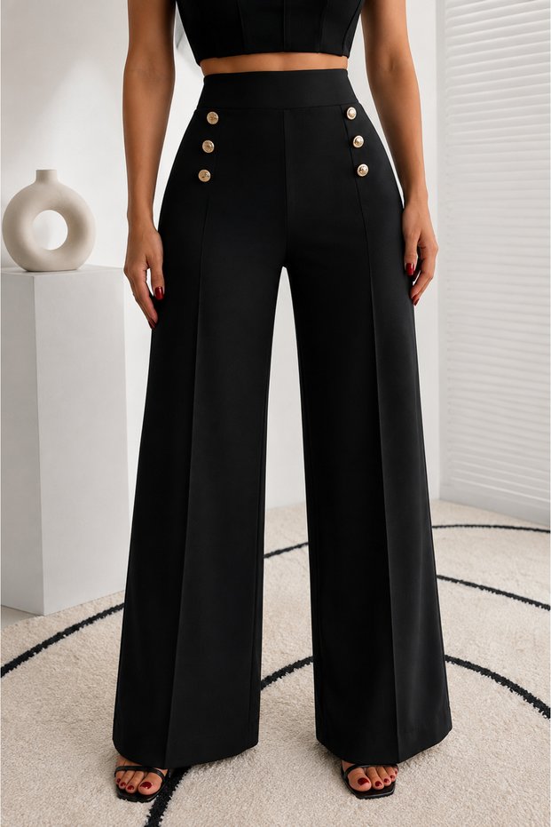 Women's Black High Waist Gold Button Detailed Wide Leg Trousers