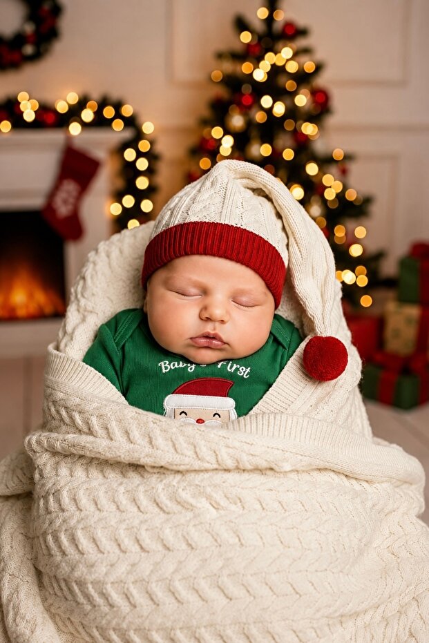Christmas Themed 3-Piece Newborn Set with Knitwear, Blanket and Hat