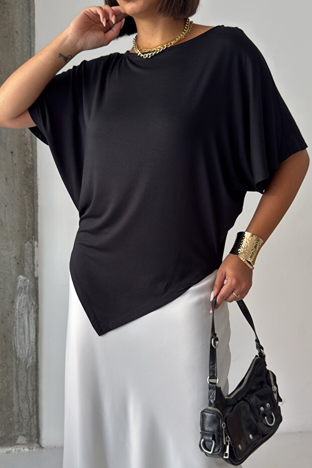 Crep Women's Viscose Fabric Draped Bat Sleeve Asymmetrical Loose T-Shirt