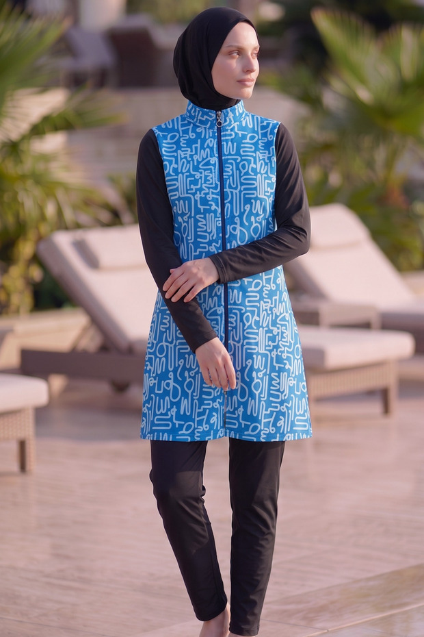 Fully Covered 3-Piece Patterned Hijab Swimsuit with Adjustable Waist and Elastic Zipper