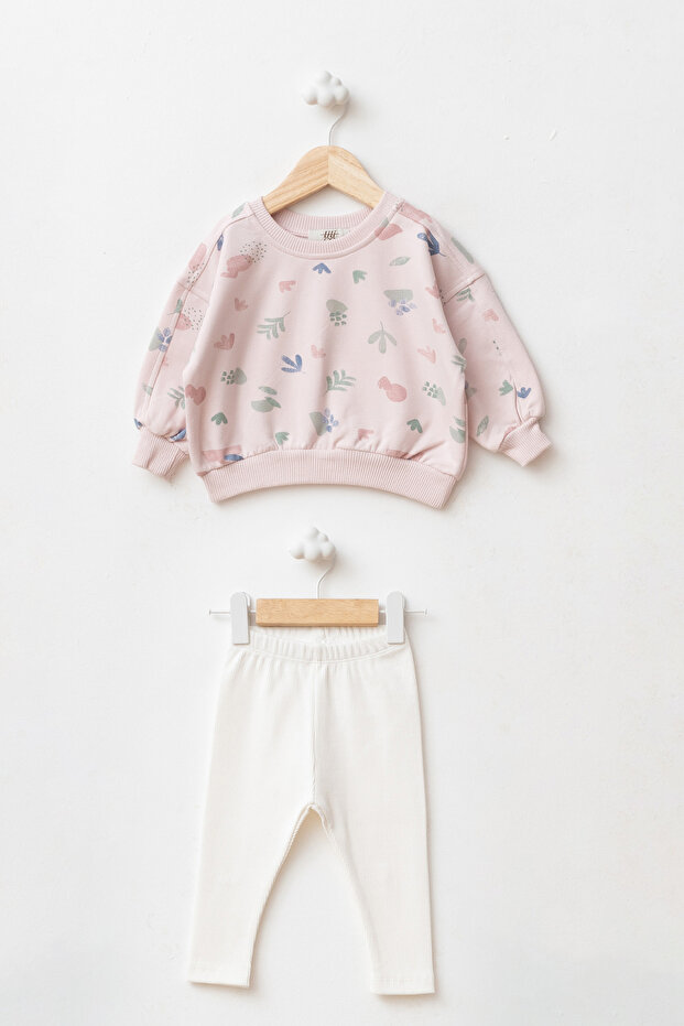 Girl's Patterned Oversize Sweatshirt and Ribbed Leggings Two-Piece Set