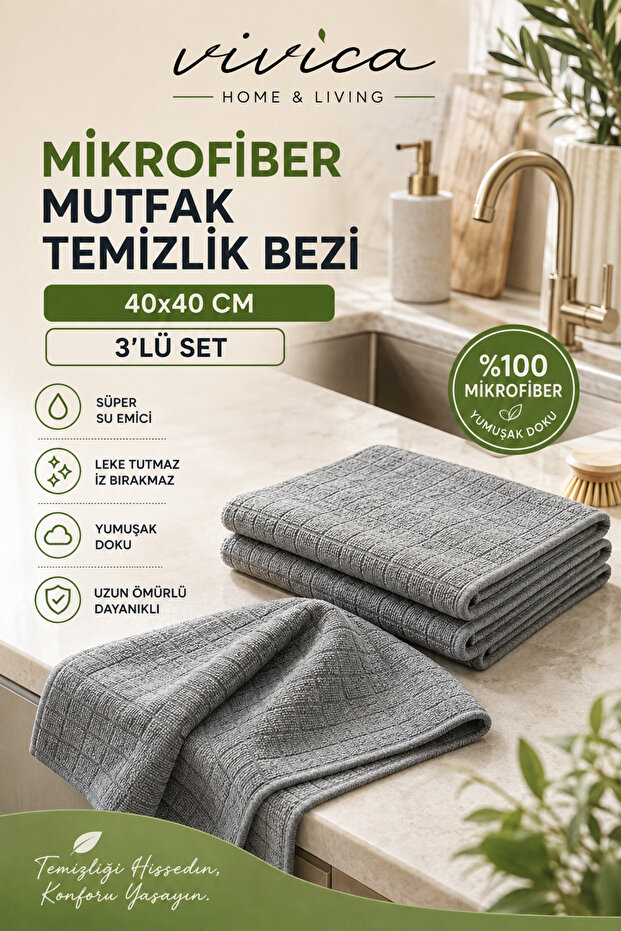 (3 Pieces) Microfiber Cleaning Cloth 40X40 cm – Kitchen, Glass, Countertop and Multi-Purpose Cleaning Cloth, Stain-Resistant, Odor-Free