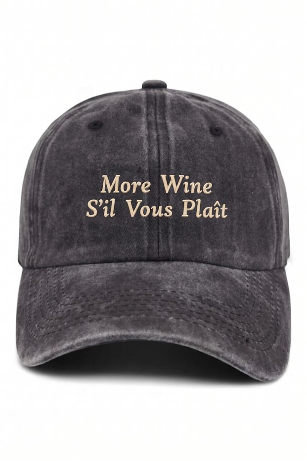 More Wine S'Il Vous Plais - Written Black Washable Vintage Baseball Cap
