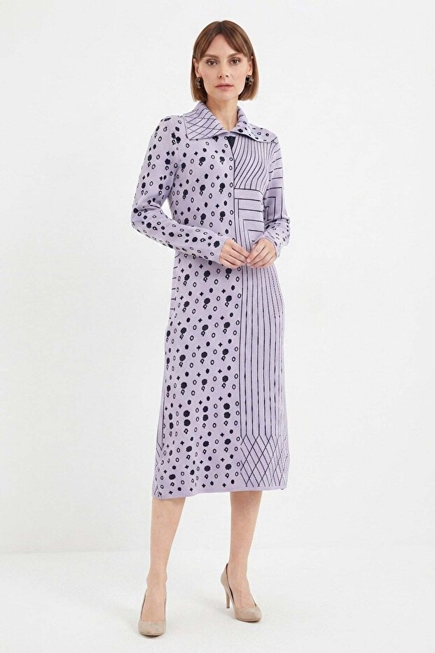 Patterned Polo Neck Knitwear Dress