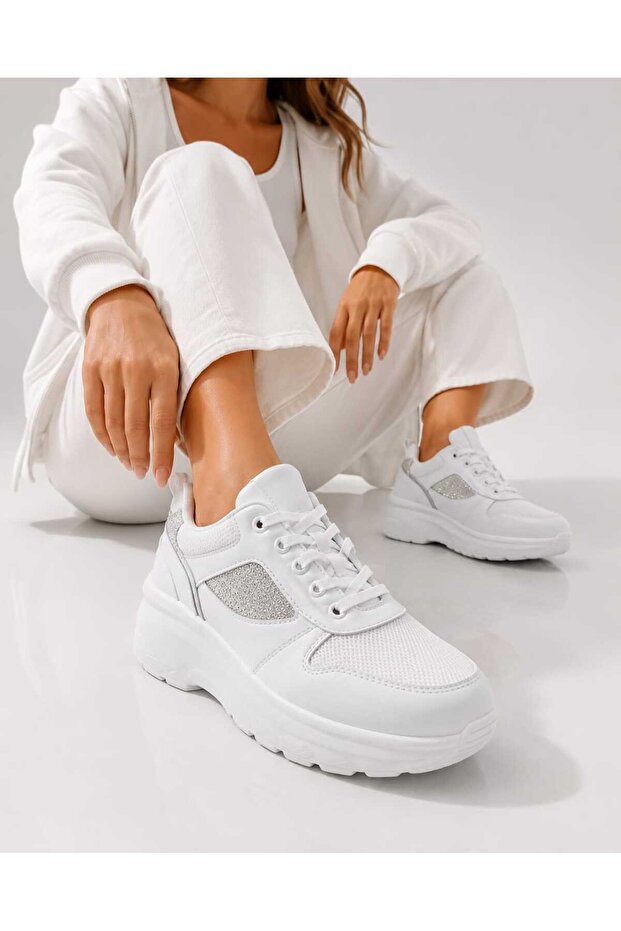 Women's Glittery, 6 cm Raised Sole, Lace-Up, Casual Sneakers