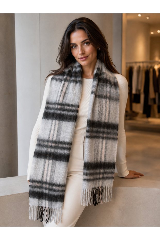 Gray Plaid Patterned Soft Textured Tasseled Winter Shawl Sal1332