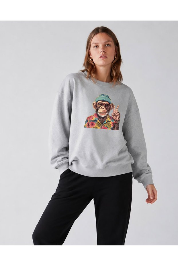 Women's Elderly Monkey Special Design Comfortable Fit Crew Neck Gray Sweatshirt