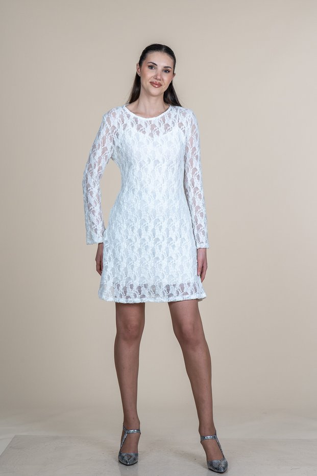 Women's Summer Ecru Tulle Lace Detailed Long Sleeve Mini Dress 50380