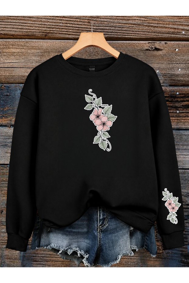 Women's Ivy Flower Sleeve Printed Comfortable Fit Crew Neck Black Sweatshirt