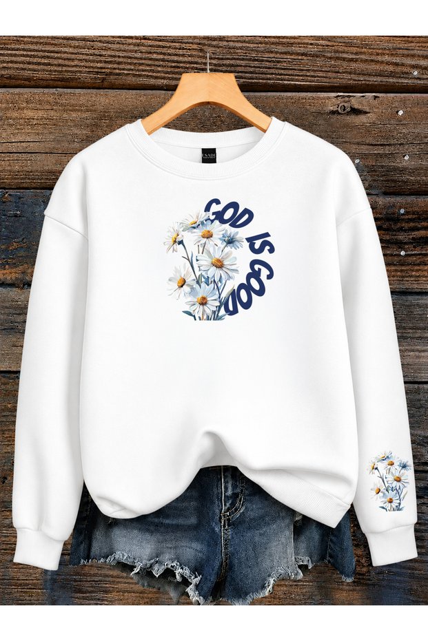 Women's God Is Flower Sleeve Printed Graphic Comfortable Fit Crew Neck White Sweatshirt